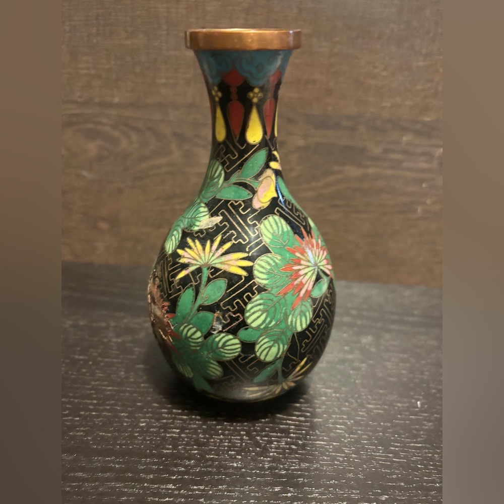 Vintage Floral & Black Cloisonné Vase - Chinese Enamel Brass Collectible